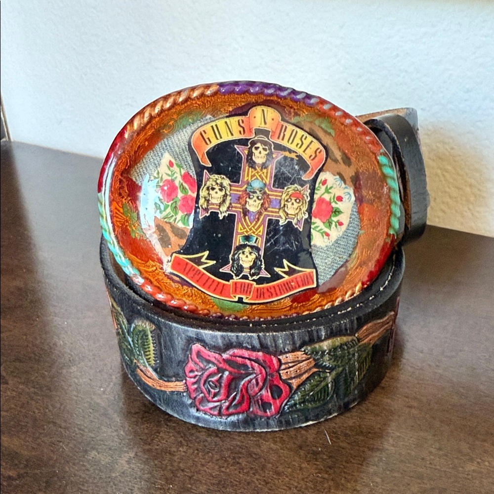 Guns N' Roses Leather Belt with Colorful Buckle - Size 32